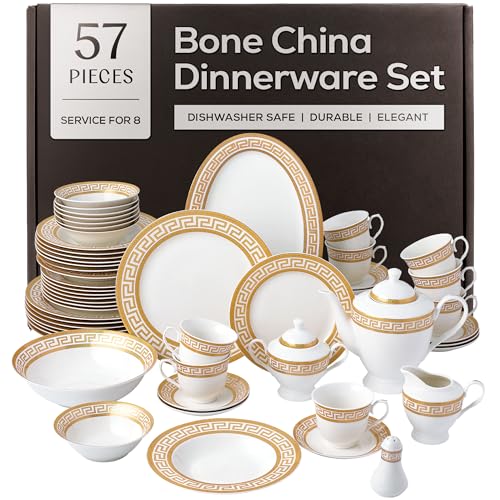 Golden Greek Key Bone China Dinnerware Set (57 Piece Set)