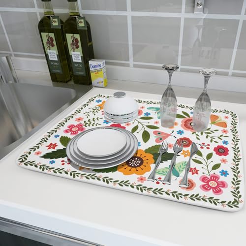 Colorful Boho Floral Dish Drying Mat 18x24 Inch Dishes Dry Pad Drainer Rack Mats Absorbent Hanging Loop Kitchen Counter Bar Accessories (White Boho Floral / 24" x 18")