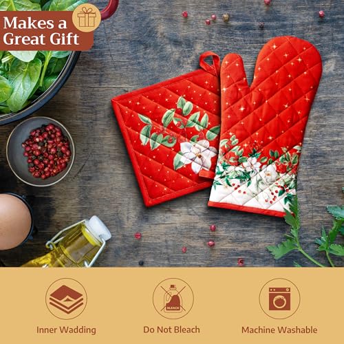 100% Cotton Oven Mitt & Pot Holder Set (107 - Noel / 7.5" x 13" & 8" x 8" (Oven Mitt & Pot Holder))