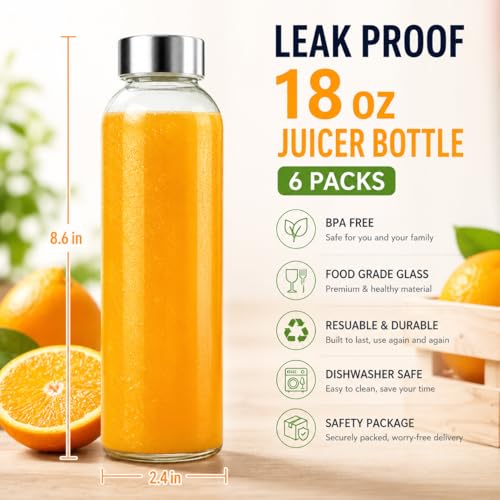 18 oz Clear Glass Juice Bottles with Stainless Steel Lids Leak Proof