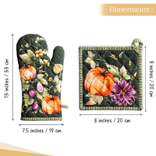 100% Cotton Oven Mitt & Pot Holder Set (026 - Pumpkin Garden - Dark Green / 7.5" x 13" & 8" x 8" (Oven Mitt & Pot Holder))
