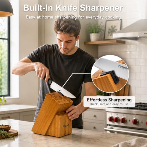 15 Piece Kitchen Knife Set with Block & Built (Natural Wood-Colored & Black)
