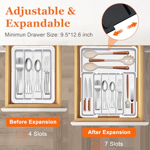 Adjustable Silverware Drawer Organizer (White / M(9.5-15.2"W x 12.6-19"D))