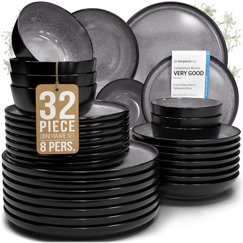 32 Piece Stoneware Dinnerware Set for 8 (Dark / Dark Gray / Set for 8 (32pcs))