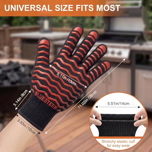 BBQ Gloves 1472°F Heat Resistant Oven Gloves with Fingers (Black-red / One Size Fits Most)
