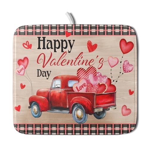 Valentine's Day Truck Dish Drying Mat 16x18 inch Love Heart Washable Absorbent Dishes Pad Dish Drainer Mat for Kitchen Counter Sink Coffee (Love Heart Truck / 16 x 18 inch)