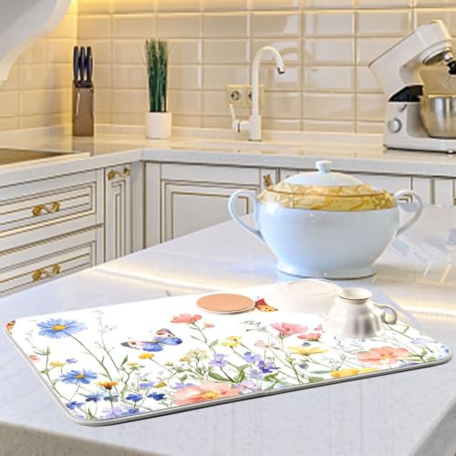 Wildflowers Butterfly Dish Drying Mat for Kitchen Counter Absorbent Microfiber Drying Pad (18" x 24")
