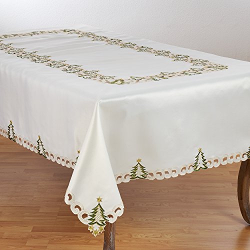 Pandoro Collection Holiday Embroidered Christmas Tree Cutwork Border 67 x 67 Inch Tablecloth (Ivory / 67" x 67" (Square))