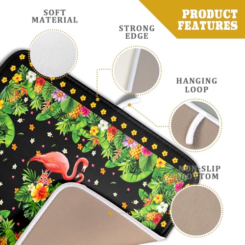 Tropical Flamingo Dish Drying Mat Palm Leaves Absorbent Dishes Drainer Pad Microfiber Dish Rack Mat for Kitchen Countertop Decor 16x18 Inch (Flamingo Leaves / 16" x 18")