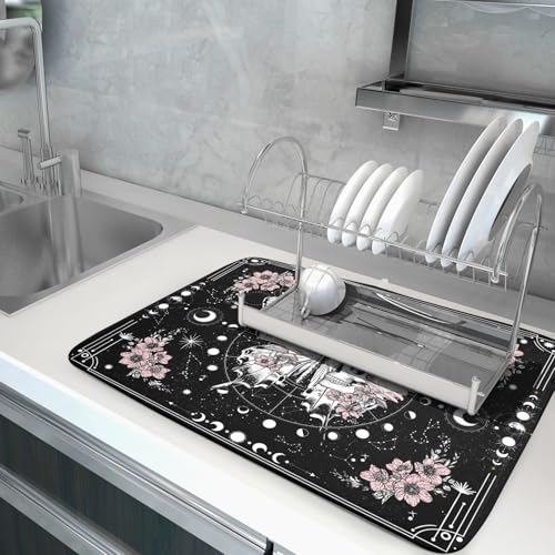 Skeleton Butterfly Dish Drying Mat Black Skull Absorbent Dish Drainer for Kitchen Counter Holiday Decor (Skeleton Butterfly Black / 24" x 18")