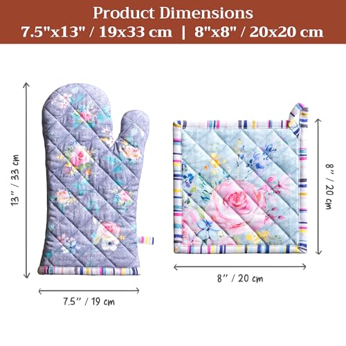 100% Cotton Oven Mitt & Pot Holder Set (054 - Sweet Rose Lavender - Lush / 7.5" x 13" & 8" x 8" (Oven Mitt & Pot Holder))