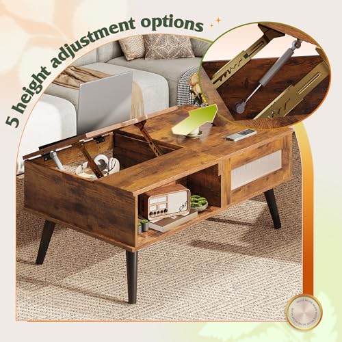 Coffee Table Lift Top Coffee Table with Storage Shelf (Retro Brown / 39" with Drawer)