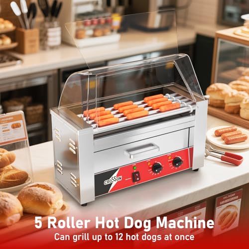 Hot Dog Roller 5 Rollers 12 Hot Dogs Capacity (5 Roller W/Cover &Bun Warmer)
