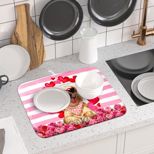 Valentine's Day Dog Dish Drying Mat for Kitchen Counter 16x18 inch Heart Rose Absorbent Dish Drainer Rack Mats for Coffee Bar Countertop (Heart Rose Dog / 16" x 18")