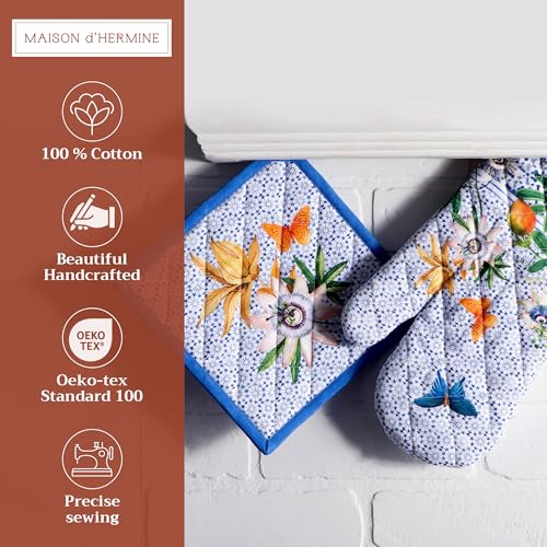 100% Cotton Oven Mitt & Pot Holder Set (087 - Passiflora / 7.5" x 13" & 8" x 8" (Oven Mitt & Pot Holder))