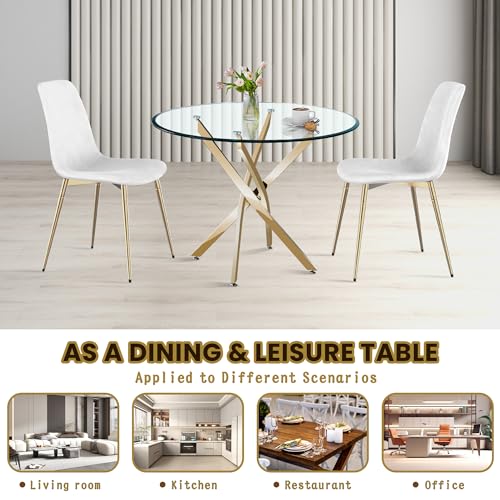 36" Round Glass Dining Table Set for 4 (Gold Round Table/Black Velvet Chairs / 5 Pieces)