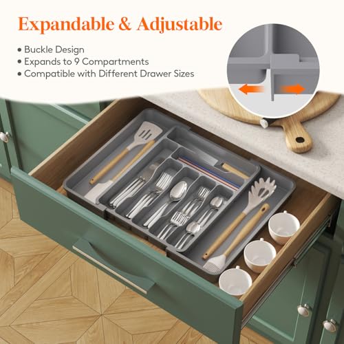 Expandable Silverware Drawer Organizer (Gray / Large Deep（11.8-19.6'W x 15''D）)