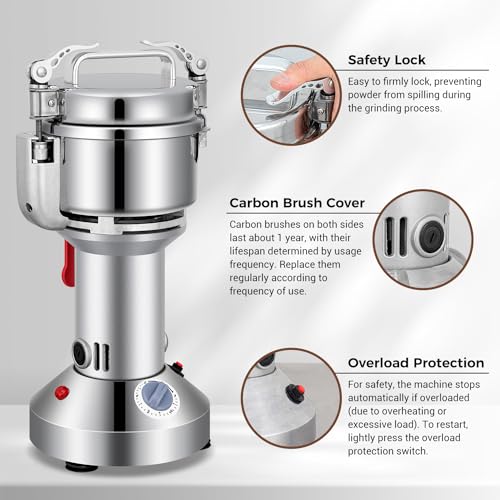Grain Mill 300g Commercial Spice Grinder Electric 1200W Stainless Steel Pulverizer Dry Grinders for Grinding Wheat (300G)