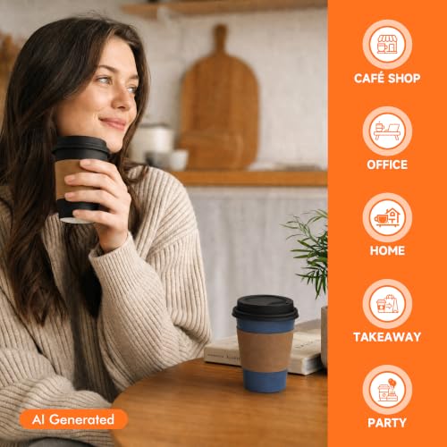 100 Pack 12 oz Disposable Coffee Cups with Lids and Sleeves (Black/Blue / 12oz)