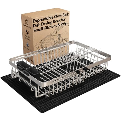 Expandable Dish Drying Rack Over Sink with Extra Drying Mat (Silver / For 13"-30" W Sink with Mat)