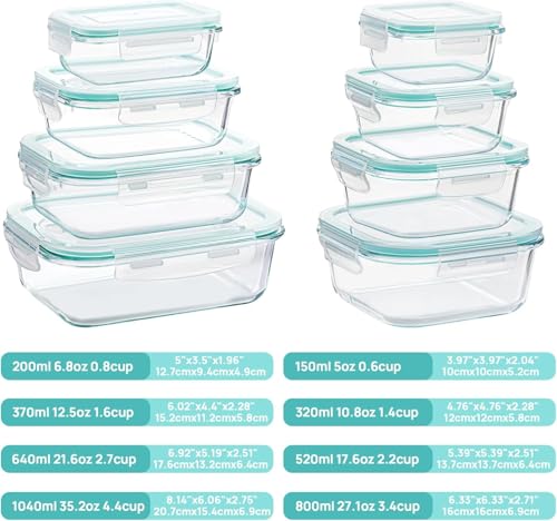 8 Pack Glass Food Storage Containers with Airtight Lids (Green)