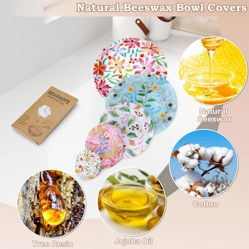 5Pcs Reusable Beeswax Elastic Bowl Covers for Bread Proofing and Food Cover (Rainbow Floral)