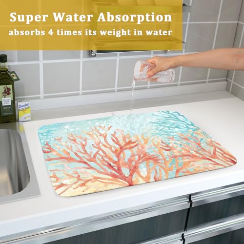 Coastal Coral Dish Drying Mat Beach Ocean Drainer Rack Mat 18x24 Inch Microfiber Absorbent Reversible Dish Dry Pad for Kitchen Counter Sink (Pink Coastal Coral / 18" x 18")