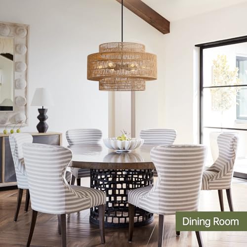 24" Rattan Chandelier for Dining Room (Brown+Black Hardware / 24" 6-Light)