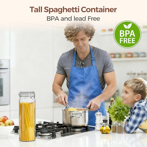 Tall Glass Pasta Containers with Airtight Lids 68 oz 3 Pack Canister (68 fl oz x 3 - Tall)