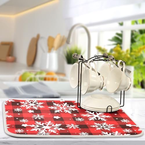 Snowflakes Christmas Tartan Plaid Dish Drying Mat for Kitchen Counter Absorbent Microfiber Drying Pad (18" x 24")