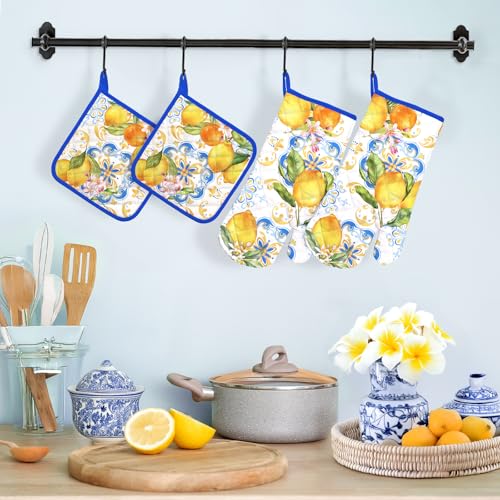 Summer Lemon Oven Mitts and Pot Holders Set (Lemon 1 / Oven Mitt x2 & Pot Holder x2)