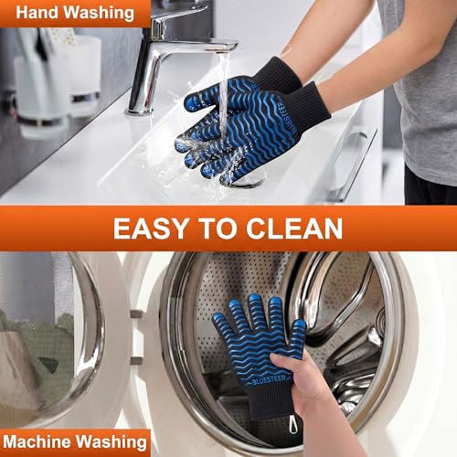 BBQ Gloves 1472°F Heat Resistant Oven Gloves with Fingers (Black-blue / One Size Fits Most)