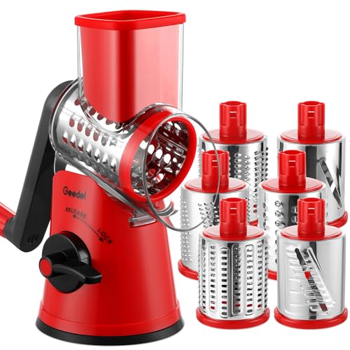Rotary Cheese Grater Vegetable Shredder With 6 Interchangeable Blades No Slip Suction Base (Red Black / 6 Blades)