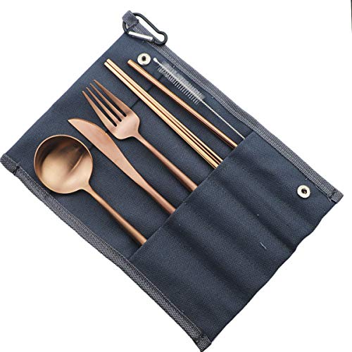 Reusable Travel Utensils (Blue Pouch / Rose Gold)