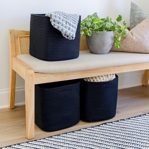 Storage Cubes 11 Inch Cotton Rope Woven Baskets for Organizing (Black)