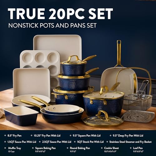 HAMMERED 20 Pc Ceramic Cookware Set (Hammered Navy)