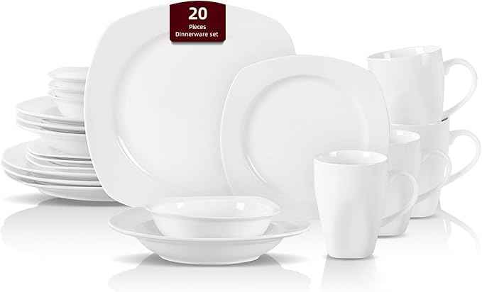 HomeVss, New Bone China Dinnerware Set, Coupe Square Shape, 20pc Set