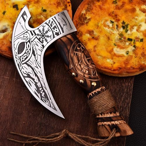 Pizza Cutter Axe Carbon Steel Slicer Chef Viking Axe with Leather Cover (Hand Engraved Etched Ash Wood)