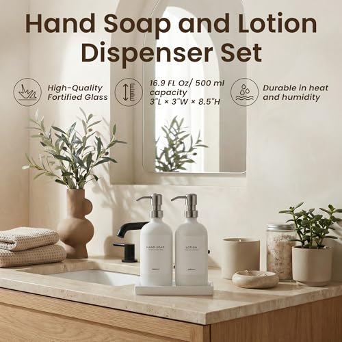 Bathroom Soap Dispenser Set (White Bottles Silver Pumps)