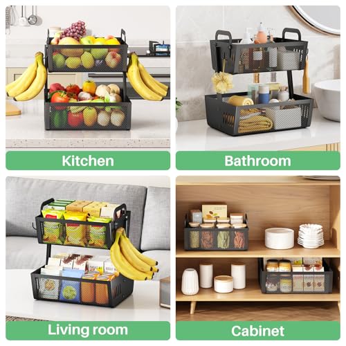 2 Tier Fruit Basket for Kitchen Counter with 2 Banana Hangers