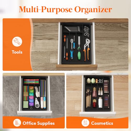 Silverware Drawer Organizer Tray (Black / 9.5 x 13.4 inch (5 Slots))