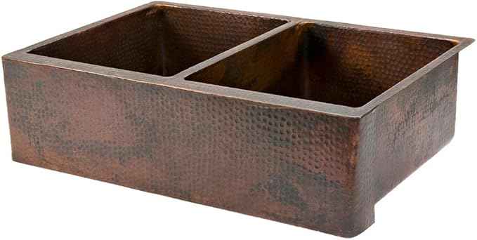 Premier Copper Products KA50DB33229 33-Inch Hammered Copper Kitchen Apron 50/50 Double Basin Sink, Oil Rubbed Bronze