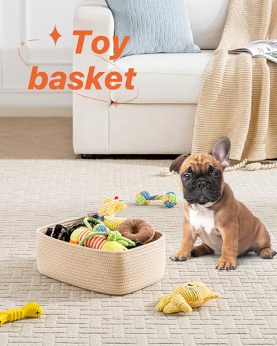 Small Woven Storage Basket for Organizing (Beige / 13.5"L x 9.5"W x 5"H)