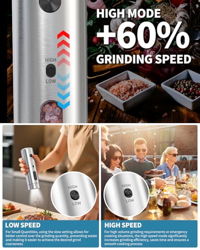 Electric Salt and Pepper Grinder Set with Rechargeable Base Upgraded Stainless Steel Automatic Salt and Pepper Shakers with 2 Grinding Speeds (External Adjustment Silver)