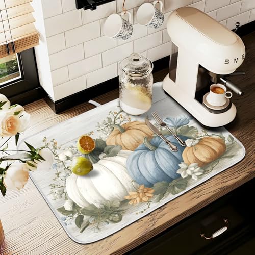 Fall Blue Orange Grey Pumpkin Thanksgiving Dish Drying Mat for Kitchen Counter Absorbent Microfiber Small Drying Pad Dish Mats for Kitchen Countertops 16 x 18 Inch (18" x 16")