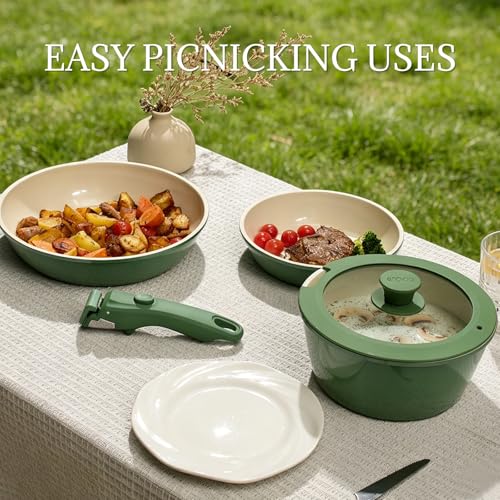 Ceramic Cookware Set Non Stick 8Pcs Pots and Pans Set Detachable Handle Induction Kitchen Cooking Set with Frying Pans Oven Dishwasher Safe (Forest)