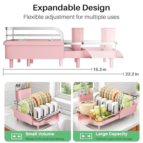 Expandable Dish Drying Rack for Small Kitchen Counter (Pink)