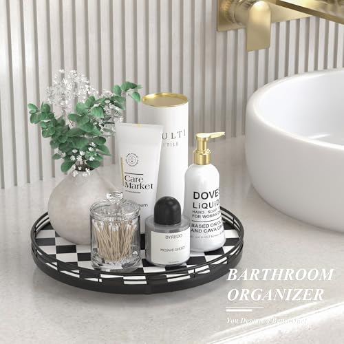 12 Inch Black and White Checkerboard Lazy Susan with Oak Wood Base (Black & White / 12 inches)