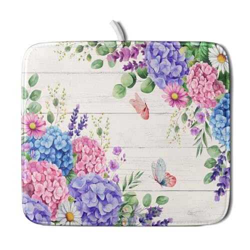 Hydrangea Floral Dish Drying Mat 16x18 inch Spring Summer Decorative Fast Dry Dishes Draining Mats Absorbent Microfiber Drainer Rack Pad (Hydrangea Floral / 16 x 18 inch)