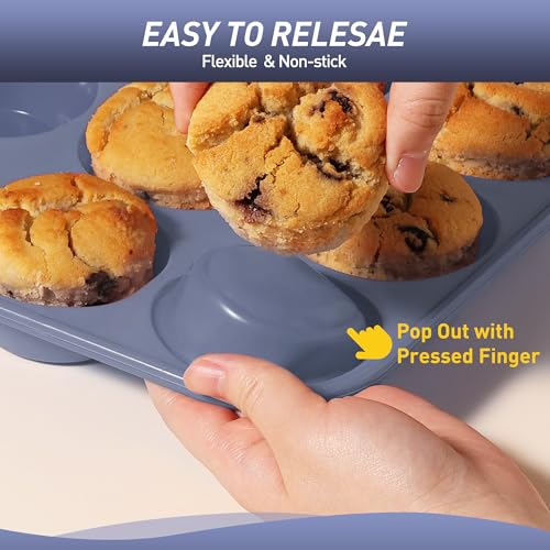 2 Pack 24 Cups Silicone Mini Muffin Pan with Metal Reinforced Frame Silicone Molds Cupcake Pans Tray Egg Bites Circle Cookie Molds Muffin Tin Tart Pans Baking Sheet Set for Breakfast Sandwiches (2pc: 24-Cup Mini / Morandi Pink and Morandi Blue)